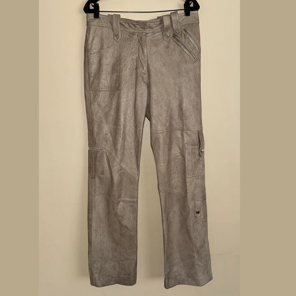 Vintage NETO Gold Brown 100% Leather Moto Style Zipper Button Pants Size 10